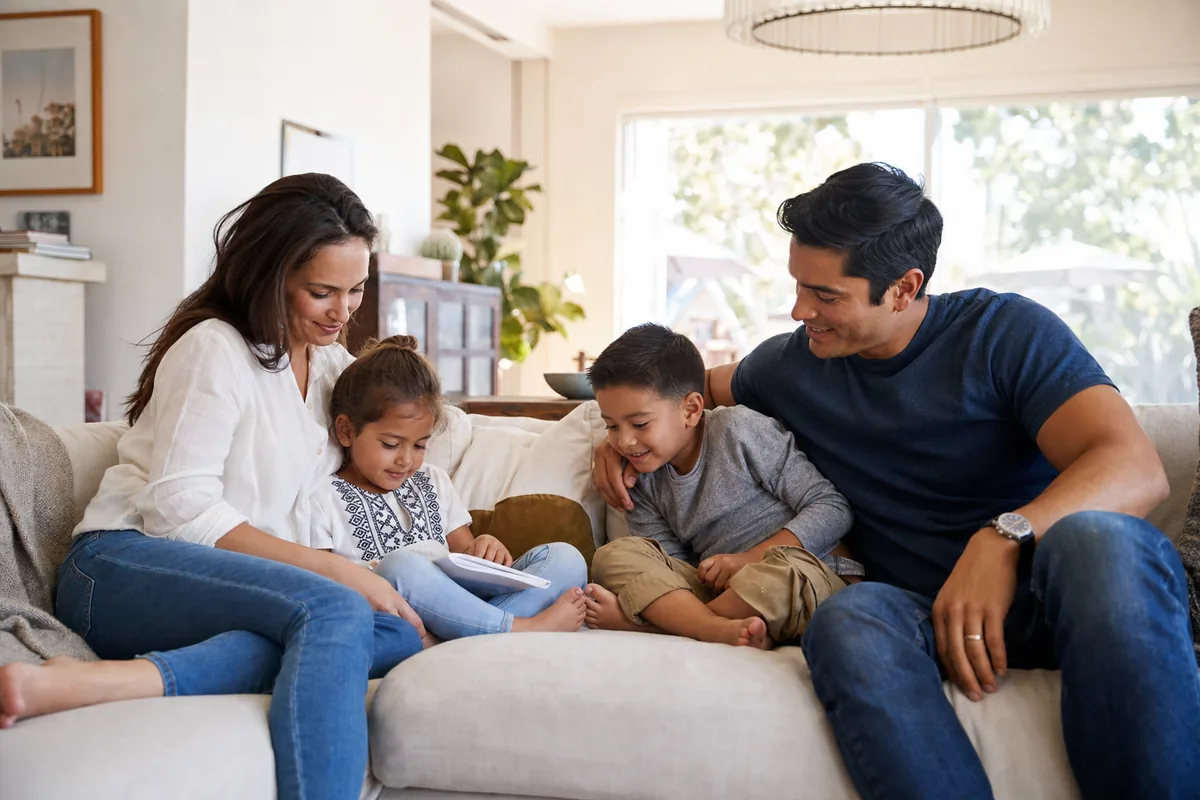 Family at home in a calm setting, representing financial protection and peace of mind