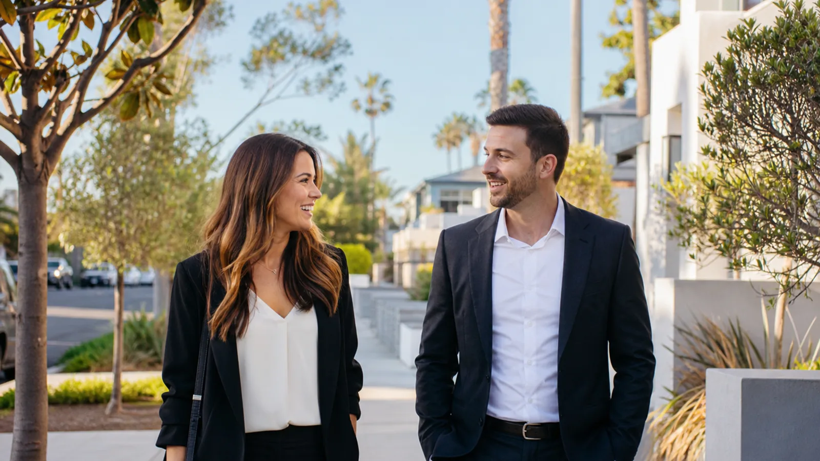 Couple walking in a sunny San Diego neighborhood, reflecting local community life