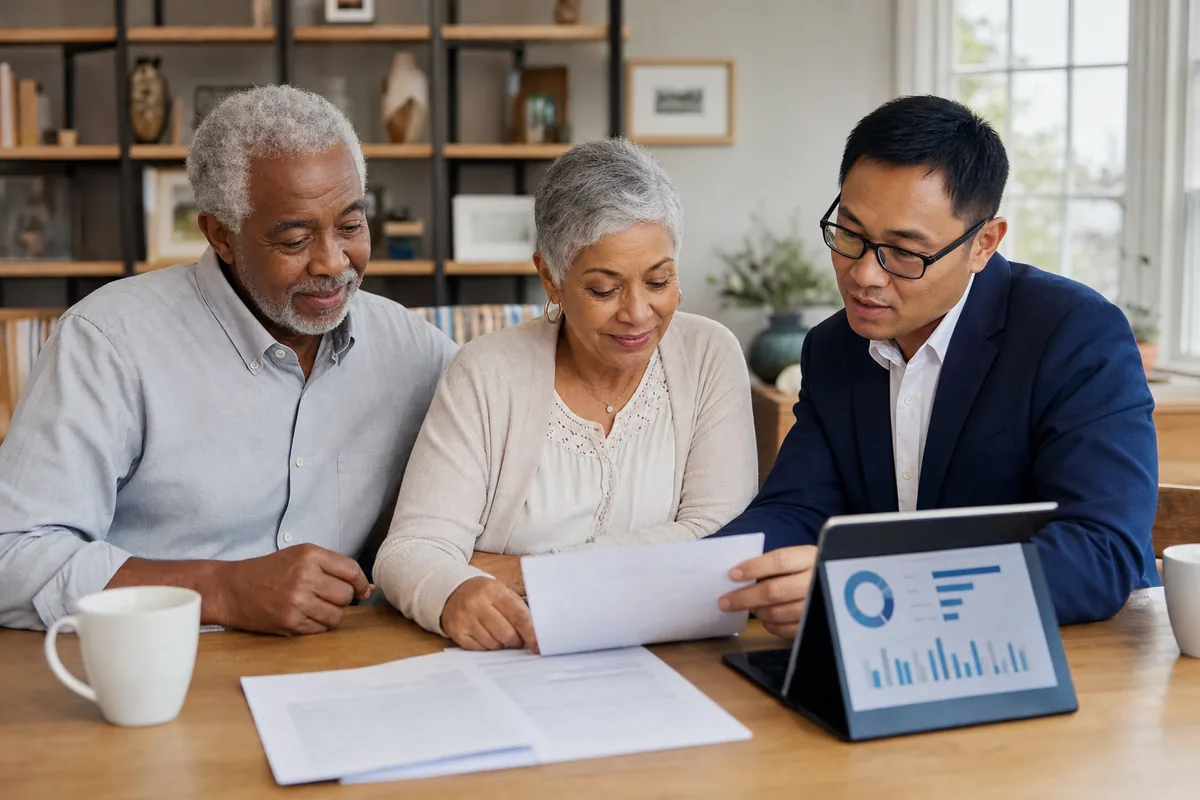 Senior couple reviewing insurance and retirement planning documents with a licensed advisor